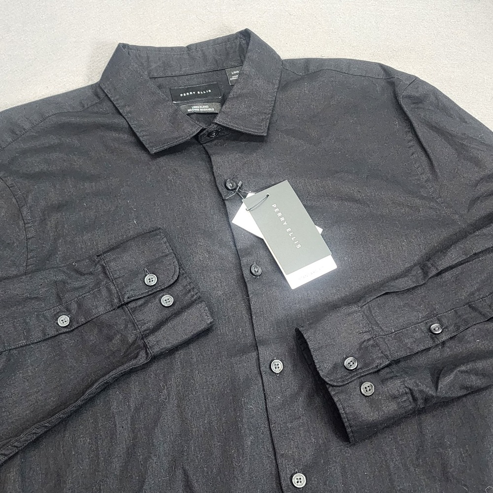Perry Ellis Button Down Shirt Black Linen Blend Long Sleeve Mens Size Large NEW